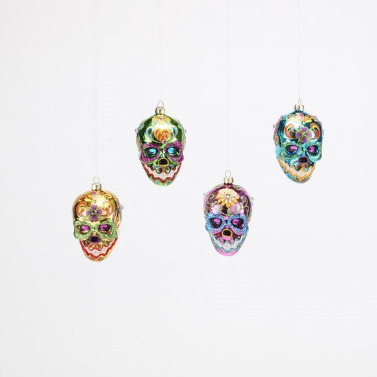 3.5" Shiny Glass Sugar Skull Ornament - Holiday Warehouse