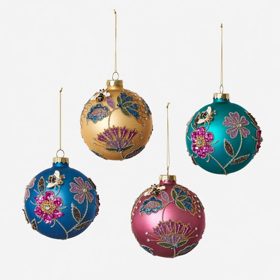 4" Glass Sequin Floral Ball Ornament - Holiday Warehouse