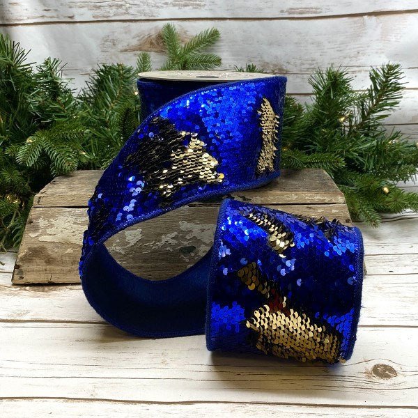 4" x 10 yds Blue Gold Kaleidoscopic Sequins Ribbon - Holiday Warehouse