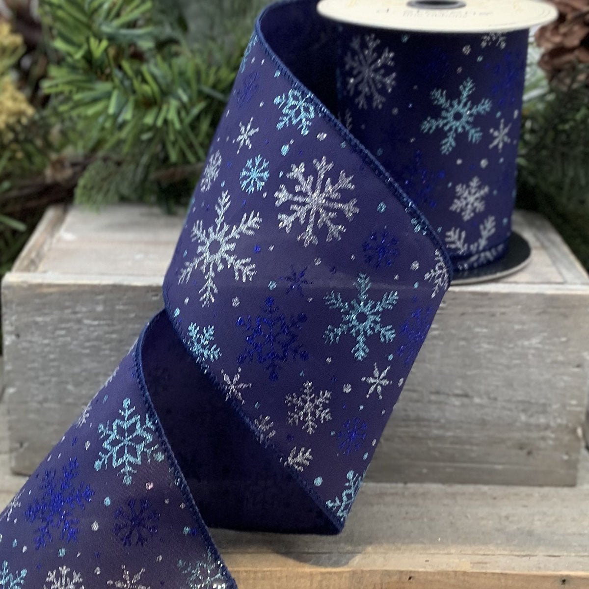 4" x 10 yds Navy Satin Glitter Snowflake Ribbon - Holiday Warehouse