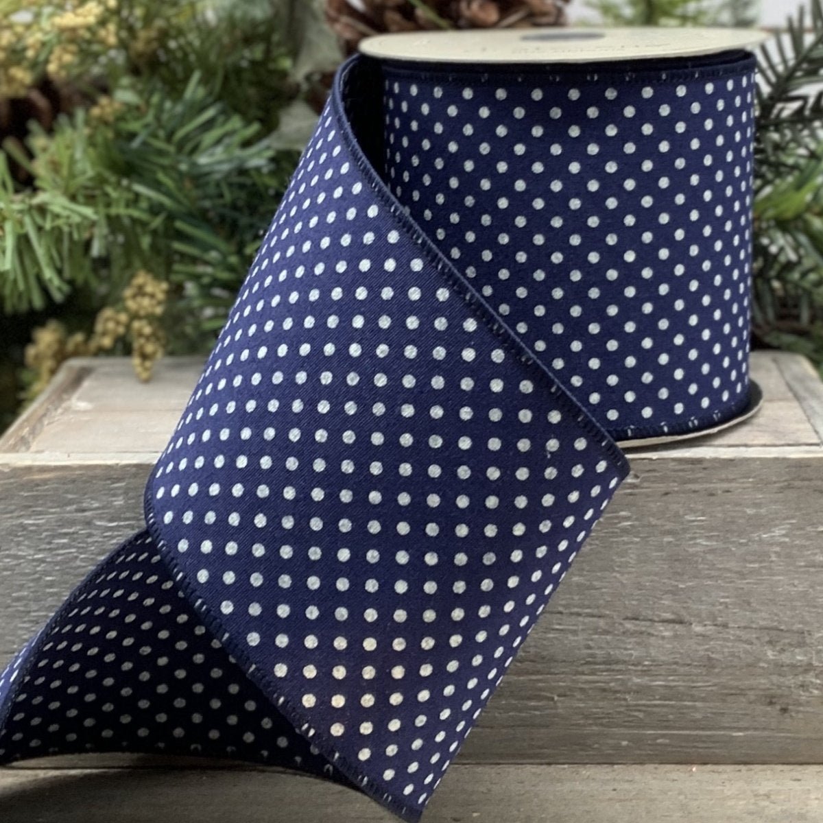 4" x 10 yds Navy White Faux Linen Double Sided Polka Dots - Holiday Warehouse