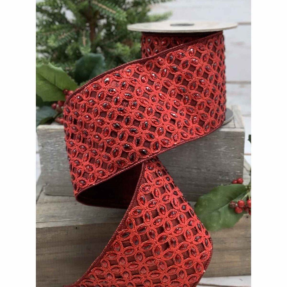 4" x 5 yds Dark Red Faux Metallic Dupion with Dark Red Floral Trim Ribbon - Holiday Warehouse