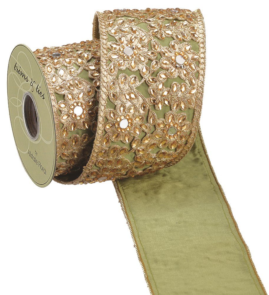 4" x 5 yds Gold Green Jeweled Trim Ribbon - Holiday Warehouse