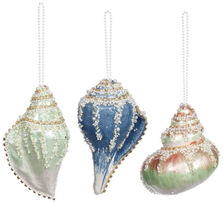 5-6" Beaded Seashell Ornament 3pc - Holiday Warehouse