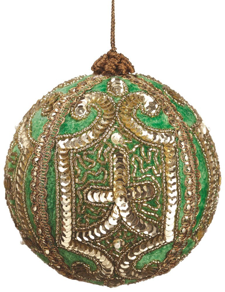 5" Green Gold Embroidery Zari Ball Ornament - Holiday Warehouse