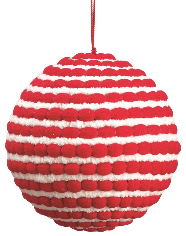 5" Red White Pompon Yarn Ball Ornament - Holiday Warehouse