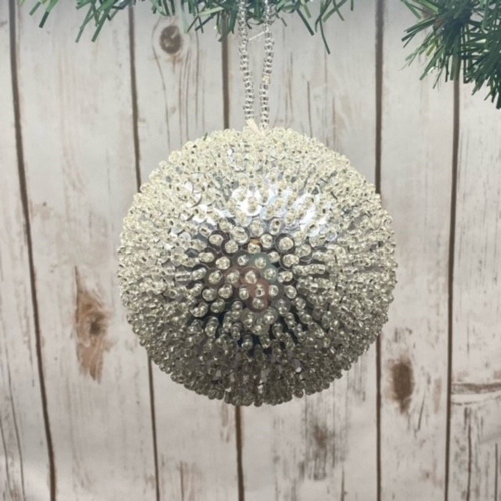5" Silver Sequin Beaded Ball Ornament - Holiday Warehouse