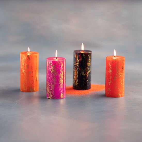 6" Gold Leaf Halloween Pillar Candle 4pc - Holiday Warehouse
