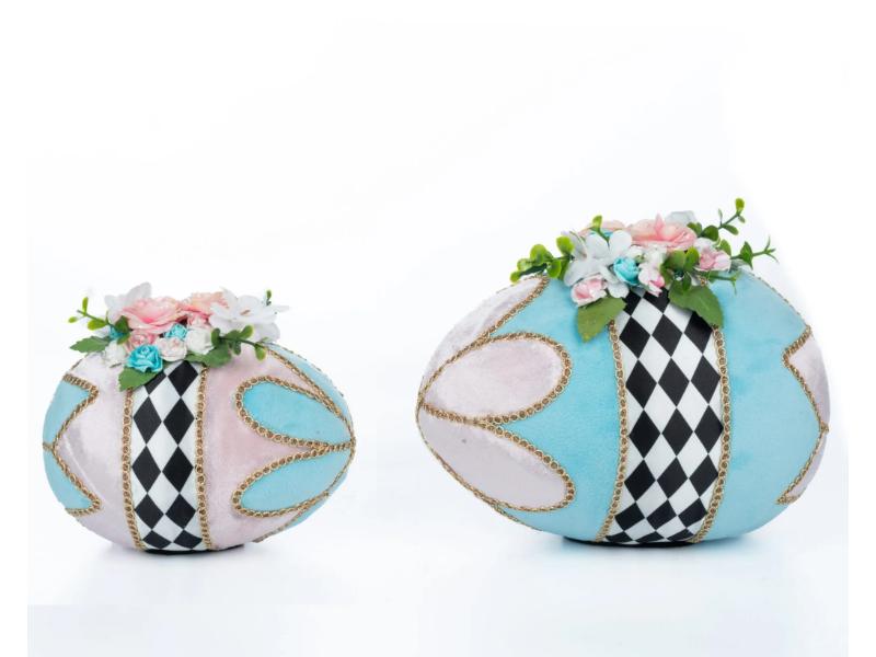 7" Hearts & Wonderland Fabric Covered Eggs Set of 2 - Holiday Warehouse