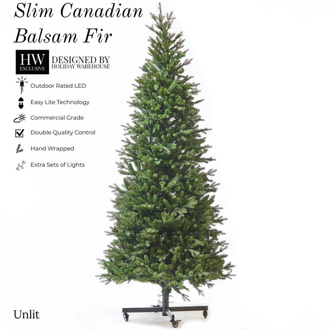 7.5ft Frosted Slim Canadian Balsam Fir Tree w/ WW or MULTI LED Lights - Holiday Warehouse