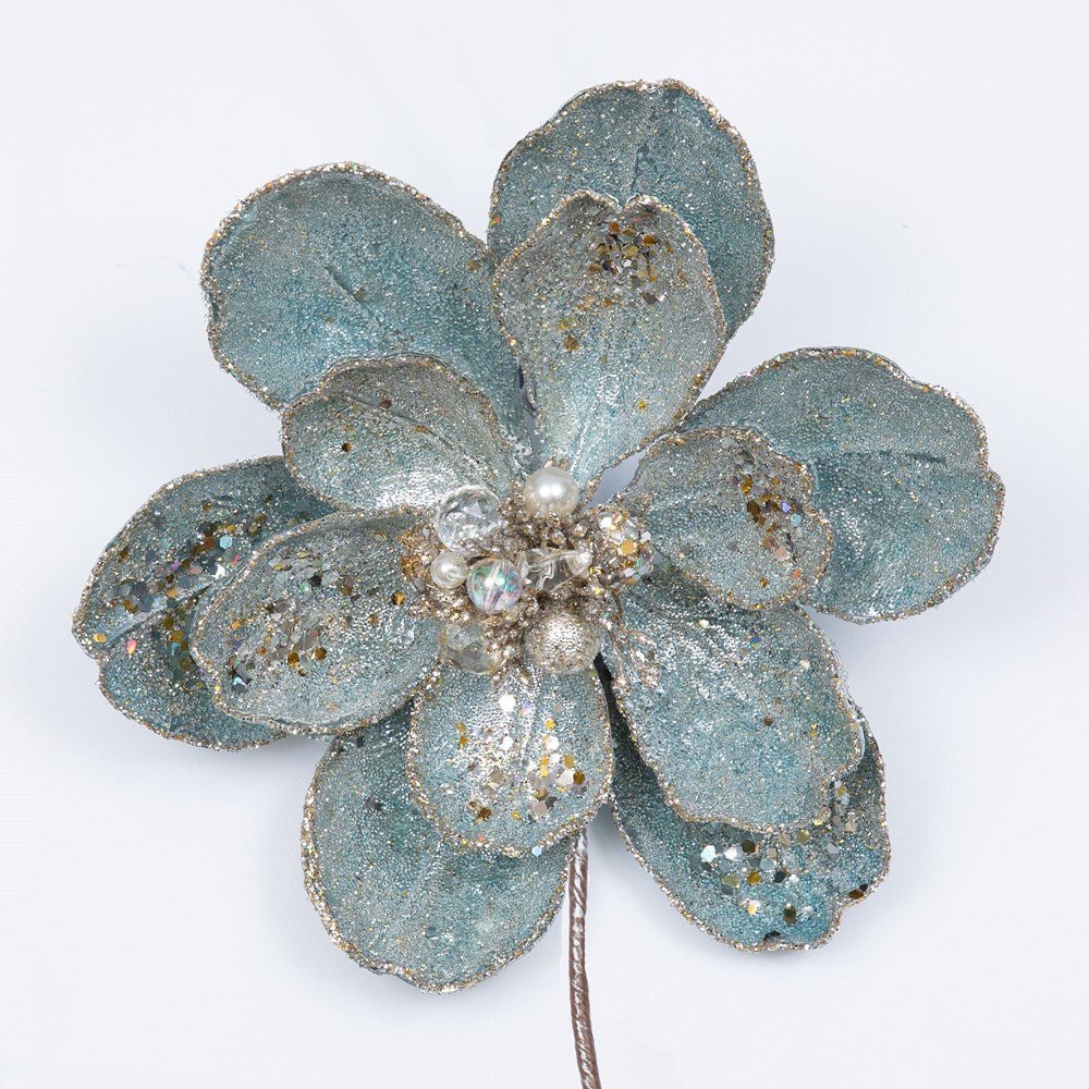 8" Light Blue Beaded Jewel Magnolia Clip - Holiday Warehouse