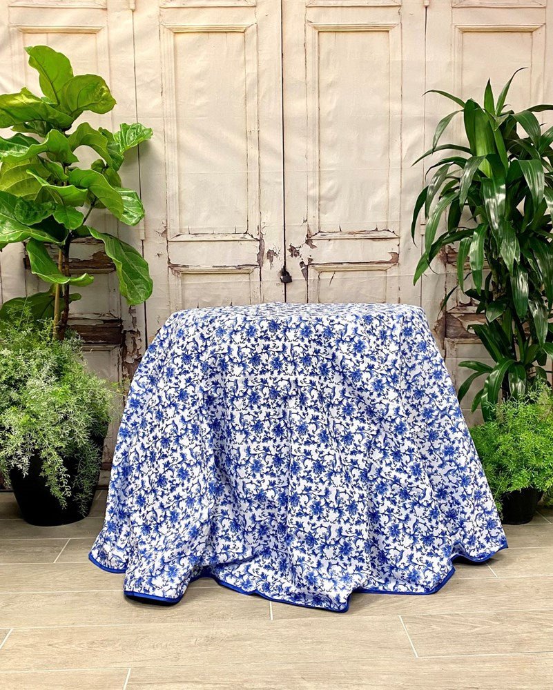 96" Blue Faux Dupion Chinoiserie Reversible Tablecloth - Holiday Warehouse